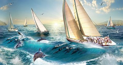 Фото Морские волны, парусные лодки и дельфины - Панорамы|Эко | Студия фресок и фотопанно "La Stanza"