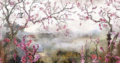 Фото Ветки дерева сакуры на фоне японского сада - Панорамы|Восточные | Студия фресок и фотопанно "La Stanza"