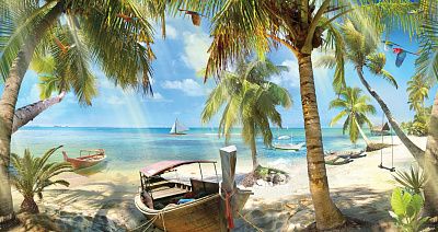 Фото Море, пальмы, берег, лодка - Панорамы|Эко | Студия фресок и фотопанно "La Stanza"