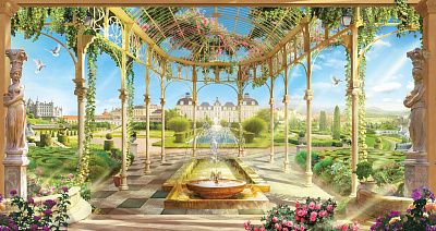 Фото Фонтан под воздушными арками и навесом из цветов - Панорамы|Античные | Студия фресок и фотопанно "La Stanza"