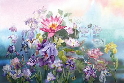 Фото Водяные лилии и ирисы – желтые и фиолетовые - Цветы | Студия фресок и фотопанно "La Stanza"