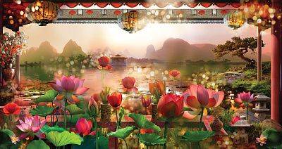 Фото Панно водяные лилии в восточном стиле - Панорамы|Восточные | Студия фресок и фотопанно "La Stanza"