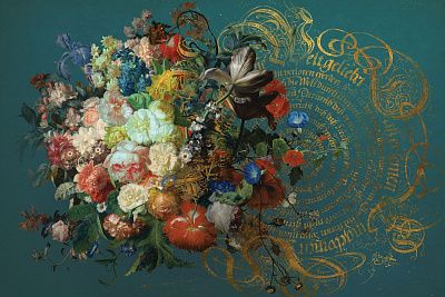 Фото Букет цветов на зеленой фреске с каллиграфией - Цветы | Студия фресок и фотопанно "La Stanza"