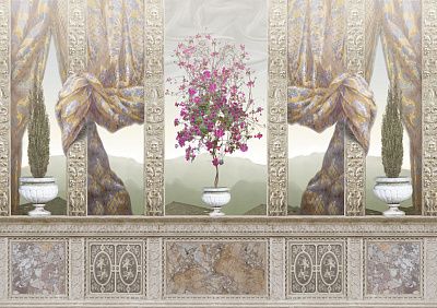 Фото Вид на горы с веранды сквозь шторы и вазоны - Панорамы|Античные | Студия фресок и фотопанно "La Stanza"