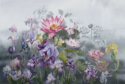 Фото Розовые нимфеи и сиреневые ирисы в сером тумане - Цветы | Студия фресок и фотопанно "La Stanza"